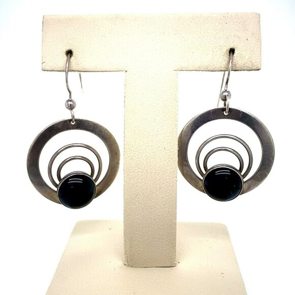 VTG Estate Sterling Silver & Onyx Dangle Drop Pierced Hook Earrings ! 92 - Picture 1 of 6